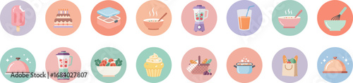 Set of 16 round pastel kitchen and food icons in flat minimalist style