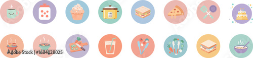 Set of 16 flat design round badges with pastel colors featuring culinary icons