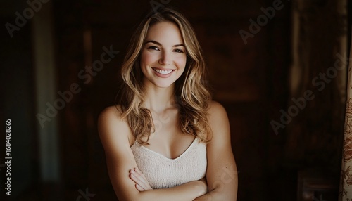 Free Download A young woman with long blonde hair and a bright smile poses for a portrait against a dark background while wearing a light-beige top. - GFXLoad