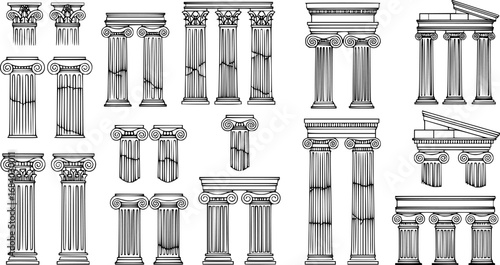 Line Greek pillars and Roman columns, ancient architecture and antique buildings, vector icons. Greece or Rome architecture column pillars of marble stone in line art with pilasters and ornate cornice