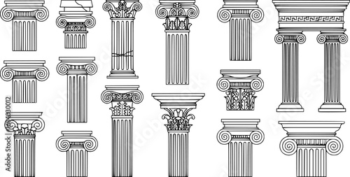 Line Greek pillars and Roman columns, ancient architecture and antique buildings, vector icons. Greece or Rome architecture column pillars of marble stone in line art with pilasters and ornate cornice