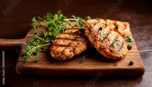 grilled chicken cutlets garnished with fresh herbs on a rustic wooden board in warm lighting