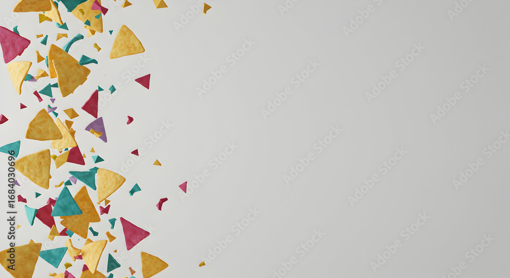 Obraz premium Colorful geometric shapes create a vibrant confetti pattern on a white backdrop