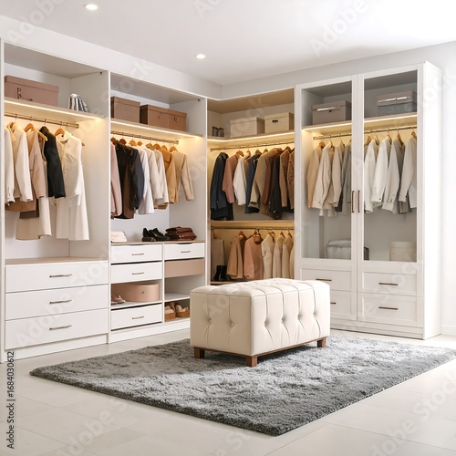 Spacious walk-in closet with bench