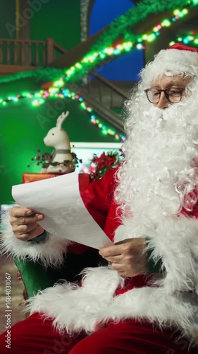 Wallpaper Mural Vertical video Man dressed as Santa Claus maintaining jolly demeanor reading letters received from kids. Person wearing red Santa costume to create joyful atmosphere reading children Christmas wish Torontodigital.ca
