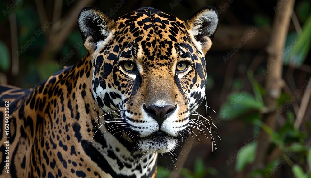 Obraz premium Close-up of a jaguar's head and shoulders, showcasing its intricate spotted coat against a blurred background of foliage.