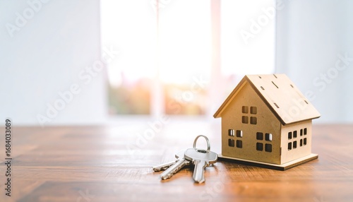 Miniature house and keys on wooden table, blurred background with window