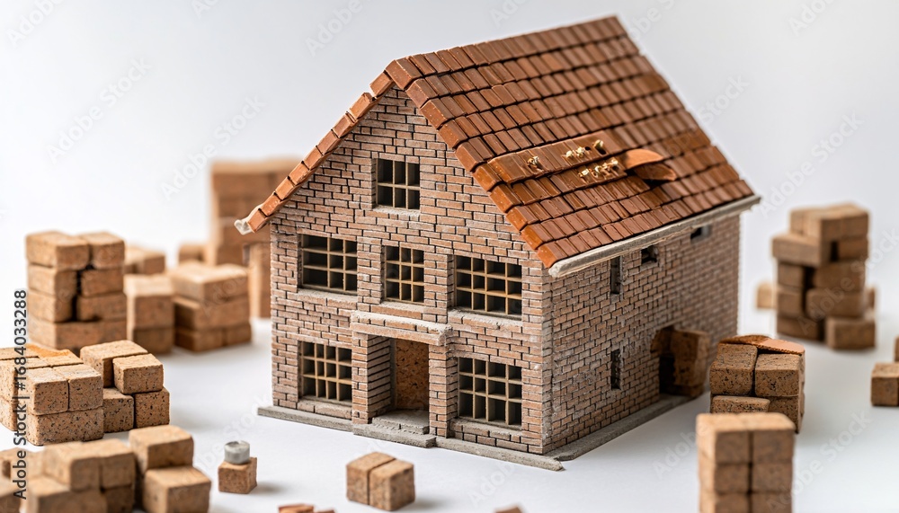 Fototapeta premium A small-scale model of a brick house is shown with additional bricks in stacks and piles nearby on a white background.