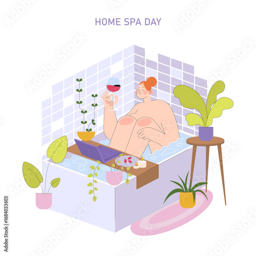 Relaxing Home Spa Day with Wine Vector Illustration