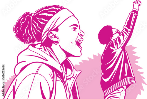 Illustration of two women protesting, one with a raised fist and the other shouting, , rendered in pink and white tones