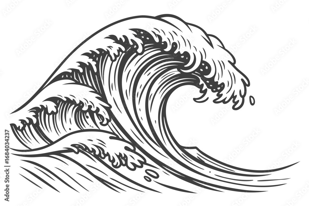 Obraz premium Vector art of a dynamic monochrome illustration of a powerful ocean wave, , capturing the raw energy and beauty of the sea in a stylized, vintage design