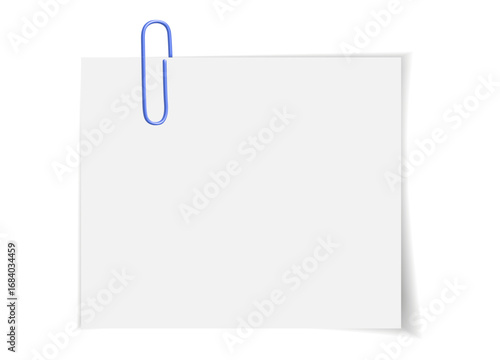 Blank notepaper attached with a blue paperclip. White empty sheet template for notes, reminders, or office messages. Flat vector isolated on white.