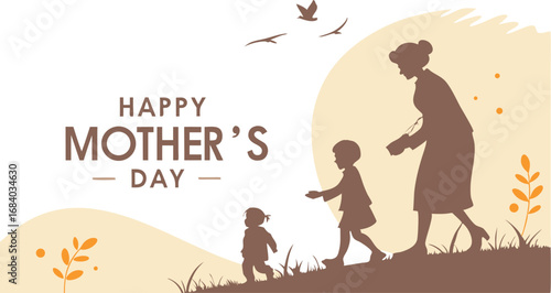 Vector art of happy mothers day illustration with a mother and children silhouette, birds flying, and a warm color palette