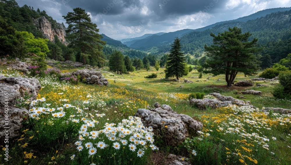 Obraz premium Mountain meadow, wildflowers, dramatic sky