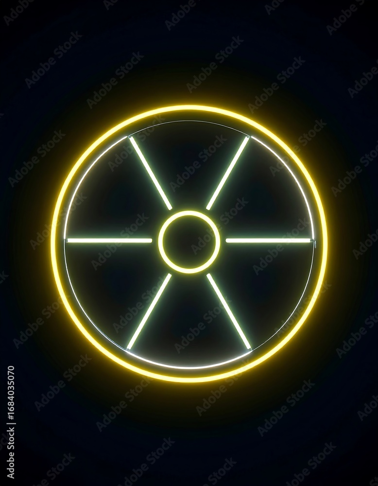 Fototapeta premium A circular neon sign design glows with bright yellow and pale green rays, creating a striking visual effect against a dark backdrop.
