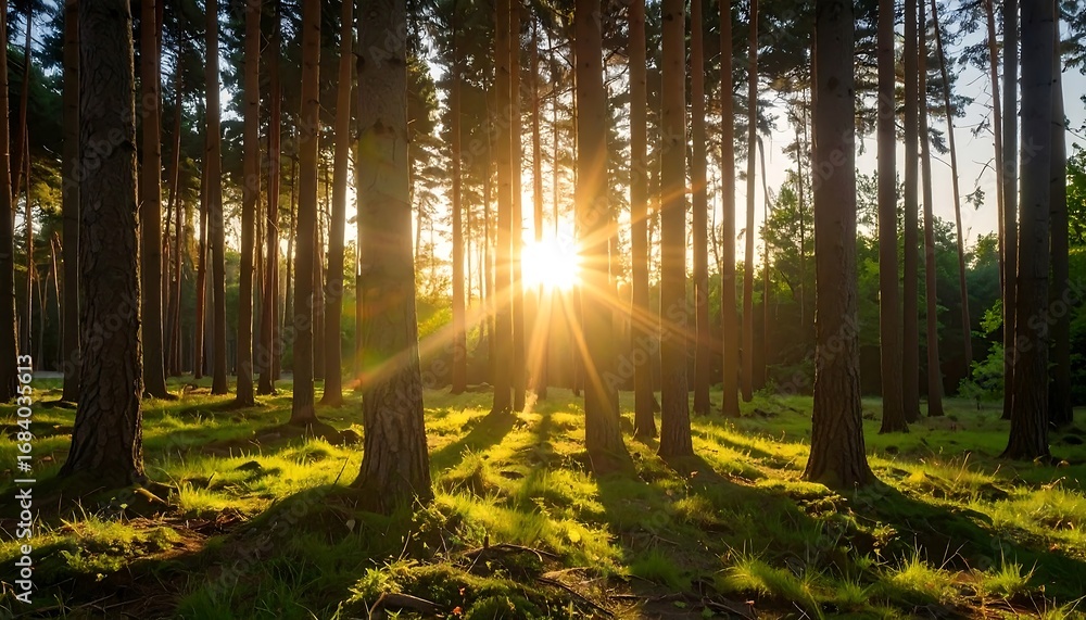 Obraz premium Golden sunlight streams through a dense forest, illuminating the ground with warm tones.