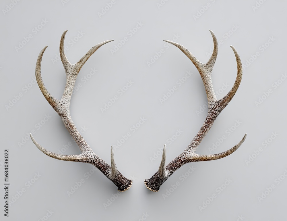 Obraz premium Pair of deer antlers, light gray background. Symmetrical, forming a circle