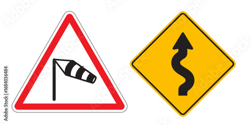 winding road sign and windy road signs. roadside sign on white background