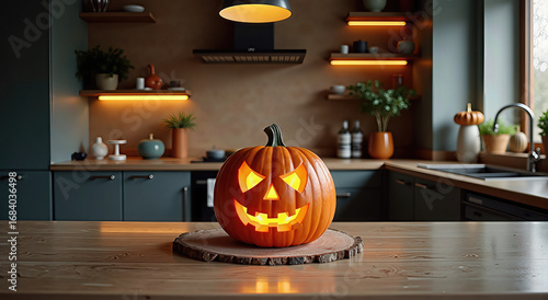Decorative Halloween Pumpkin sitting on a luxury modern kitchen