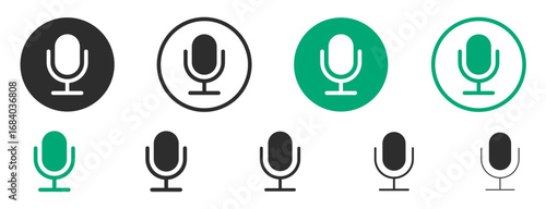 Microphone mic icon set. Radio podcast mic icons. Broadcast microphone vector symbols. Interview mic icon set. Audio record thin outline signs.