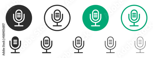 Microphone mic icon set. Radio podcast mic icons. Broadcast microphone vector symbols. Interview mic icon set. Audio record thin outline signs.