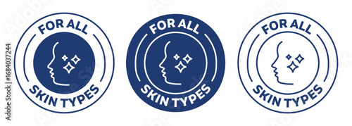 for all skin types icon set. suitable for skincare products. blue color badge, seal, sticker, logo, and symbol variants. Isolated vector illustration