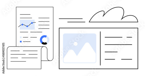 Analytical report with graphs, text sheets, visual charts, and cloud icon. Ideal for business reports, analytics, digital documents, workflow, data management online storage simple flat metaphor