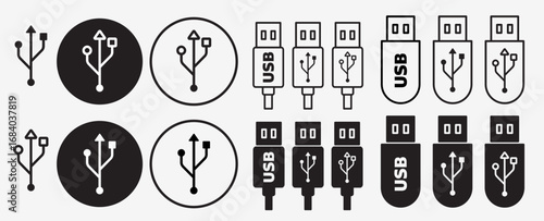 USB Icon set in black color for ui designs