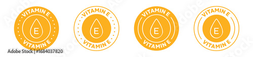 Vitamin E Icon set in 5 varients. Outlined vector logo sticker in yellow color. Suitable for Skincare products