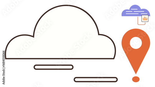 Cloud outline with floating lines, orange map pin, blue cloud storing folder. Ideal for data storage, navigation, cloud computing, technology, location tracking, digital files simple flat metaphor