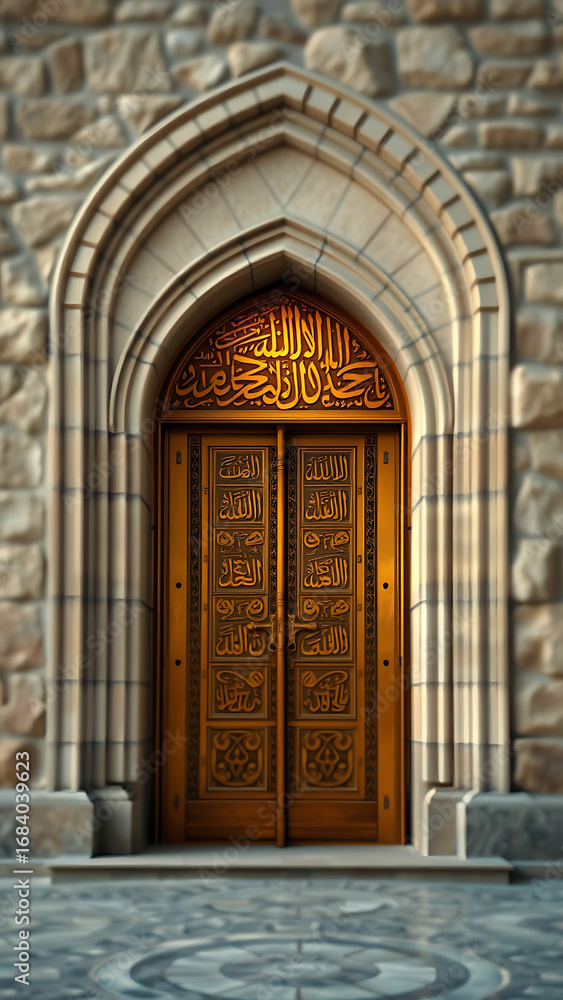 Fototapeta premium Golden Doorway with Islamic Calligraphy at a Stone Building vertical