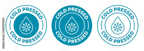 Cold pressed oil icon set in blue color. isolated high cold pressed juice stamp collection.