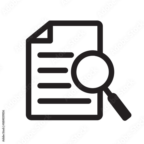 Search result icon. Research report analyse line sign. Analytics case study outline vector symbol with magnify glass. Isolated black thin icon for document review. suitable for app or web ui design.