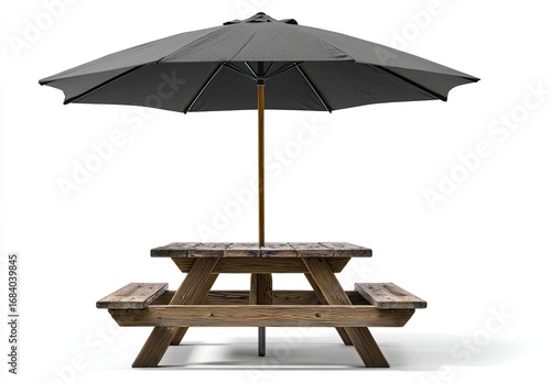 Dark gray umbrella over wooden picnic table