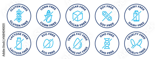 Allergen free icons set. Gluten, corn, sugar, soy, dairy, lactose, egg, trans fat, gmo, and cruelty free icon collection - Stock vector