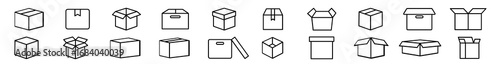 Box icon set. Product package cardboard shipping parcel box icon collection. Open and close outlined carton box vector sign. Open empty cube package.