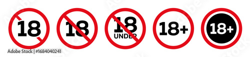 18 Plus icon set. Adult Plus Age Circle vector symbol in a black filled and outlined style. Eighteen years limit sign.