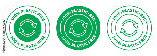 100% plastic-free Badge. Vector logo design set of green plastic free outlined vector emblem. suitable for eco-friendly product packaging icons.
