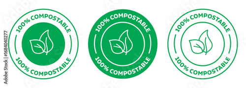 100% Compostable icon - plastic free badge, recyclable material, Compostable isolated green logo symbol