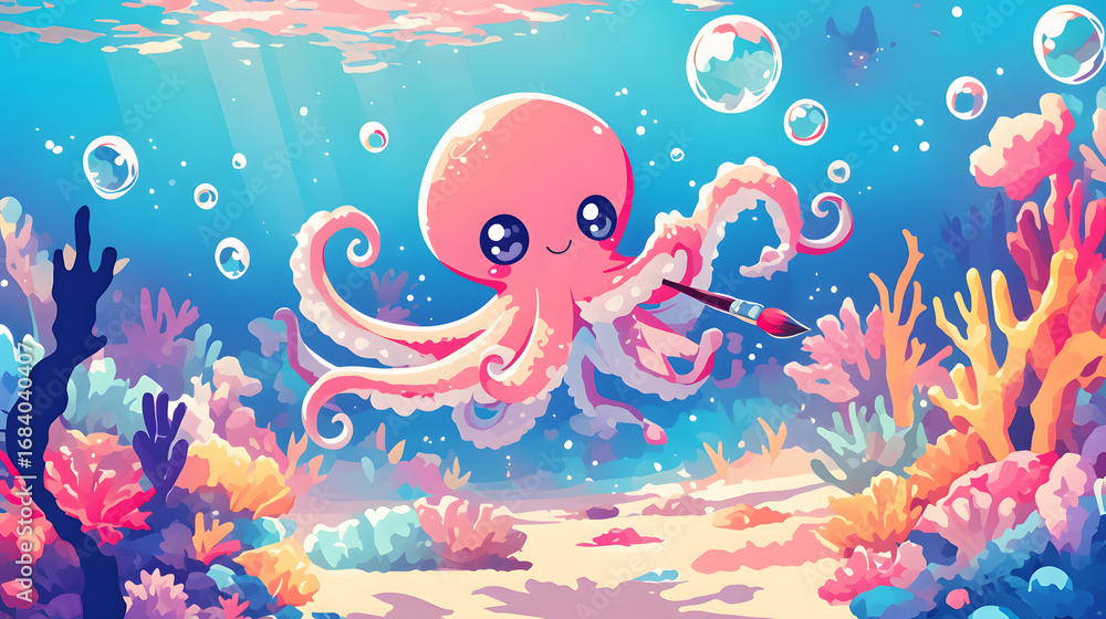 Fototapeta premium flat vector comic style cute pastel baby octopus