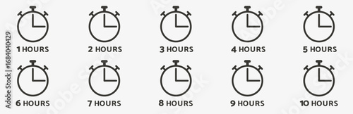 1, 2, 3, 4, 5, 6, 7, 8, 9, and 10 hours icon set on white background for apps and websites