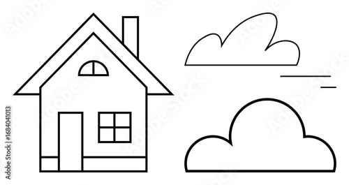 House with triangular roof, chimney, and windows alongside two cloud outlines. Ideal for architecture, real estate, weather, environment, simplicity, minimalism simple landing page