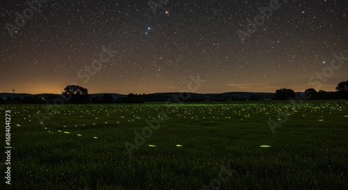 Enchanting summer night landscape with a field full of glowing fireflies under a brilliant starry sky
