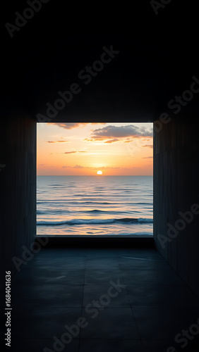 Dark Grey Concrete Room with Ocean View at Sunset vertical