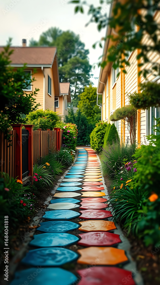 Fototapeta premium Colorful Painted Path Through a Residential Neighborhood Garden vertical