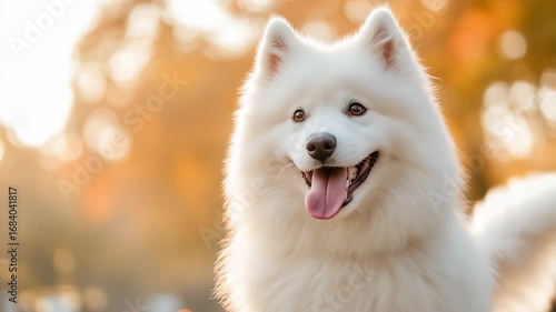Samoyed dog's close-up of a radiant smile in the sun