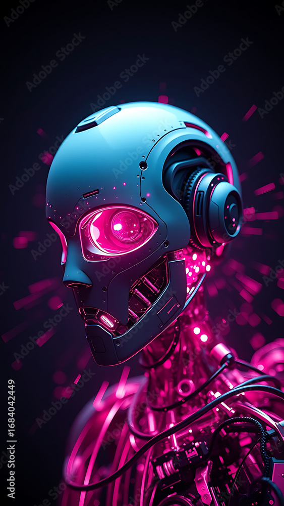 Fototapeta premium Abstract Robot Head with Pink Sparks in Dark Background vertical