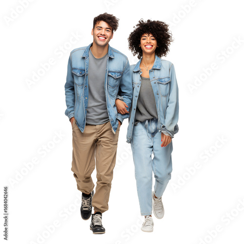 Happy Young Couple Walking, Casual Denim Style, Studio Portrait