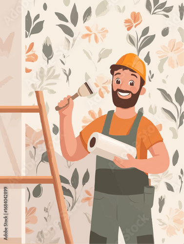 Naive cartoon vector illustration of a smiling wallpaper installer holding a brush and roll, perfect for home improvement blogs or service advertisements.