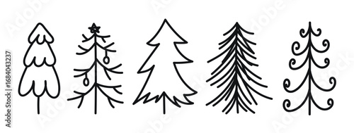 Christmas tree doodle vector set. Hand drawn winter forest.